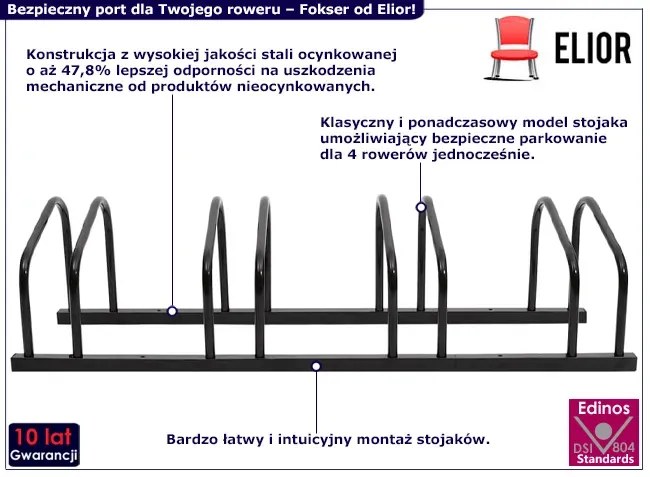 Miejski czarny stojak na 4 rowery - Fokser 5X