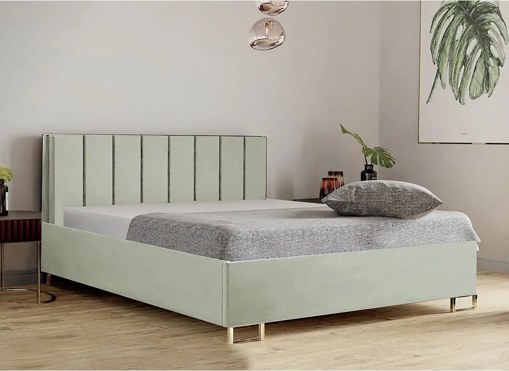 Łóżko tapicerowane MALIBU, wezgłowie, obicie MONOLITH, pojemnik na pościel, podnośnik gazowy, wysokość spania 39 cm, 120x200 cm, Jasno Zielony