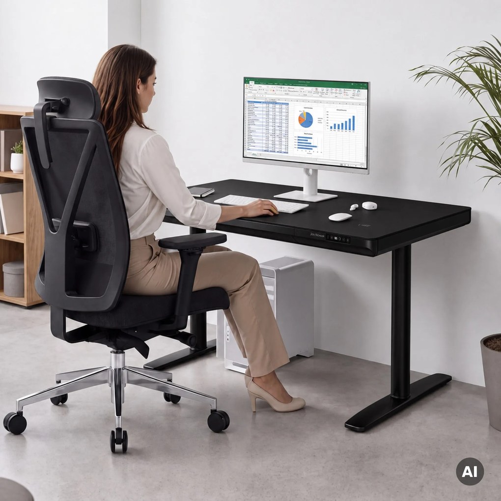 Biurko elektryczne sit-stand z szufladą i ładowarką bezprzewodową Qi czarne, 1200 mm: ELLIS