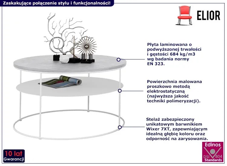 Okrągły stolik kawowy z białym stelażem beton - Rencontrer 5X