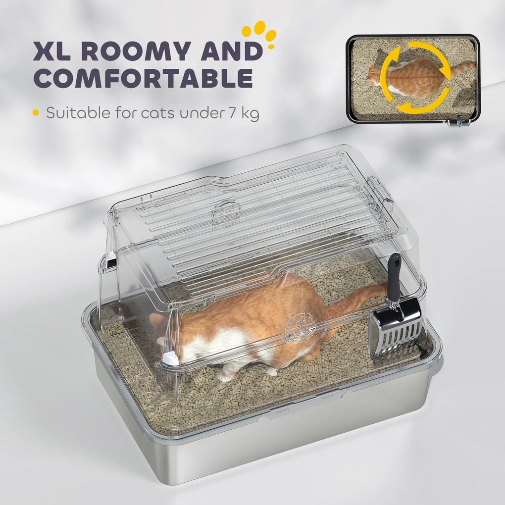 PawHut Kuweta dla Kotów, Stal Nierdzewna, XL Wnętrze, z Łopatką, Jasnoszary