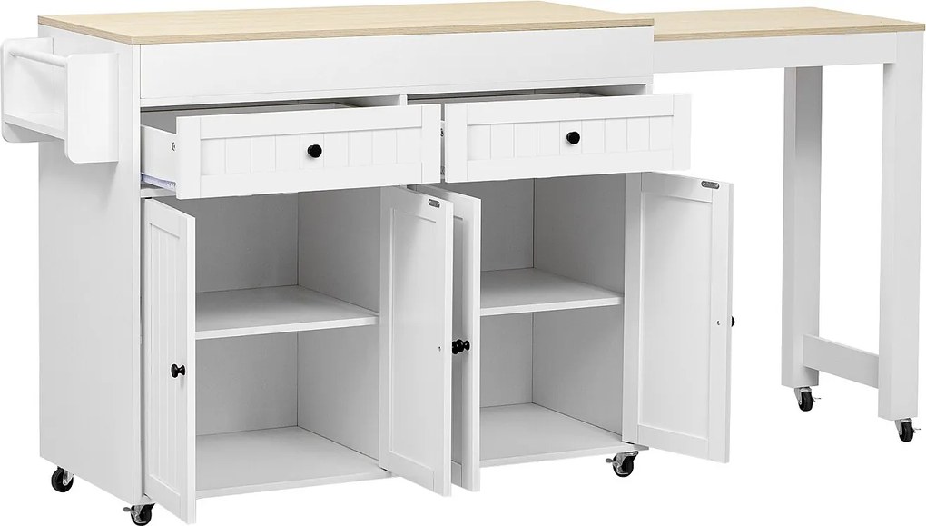 Biała mobilna kuchnia Wyspa - Wózek kuchenny z 4 drzwiami i 2 szufladami - wysuwany drewniany blat i półka na przyprawy