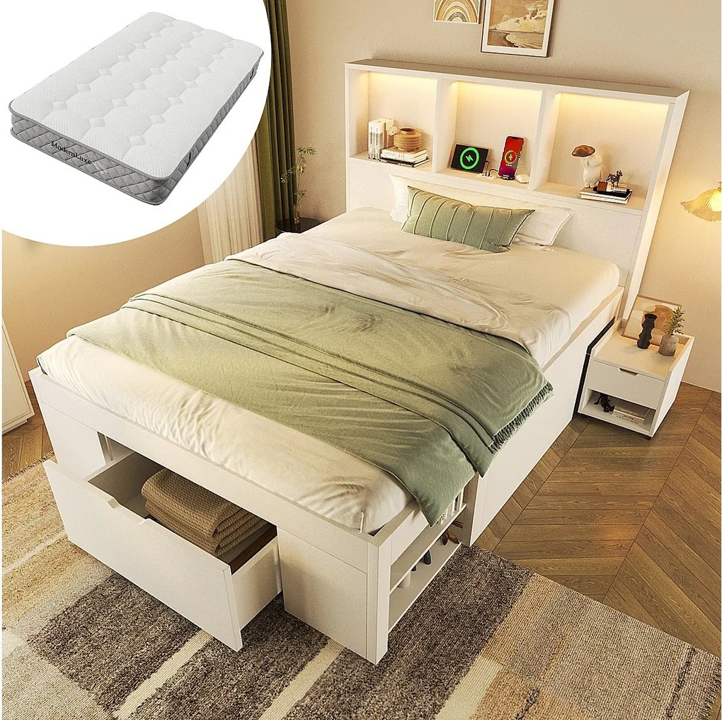 Łóżko pojedyncze drewniane z pojemnikiem - 90 x 200 cm - z wyjmowaną szafką nocną + diody LED + USB + szuflady + półki - białe (materac w zestawie)