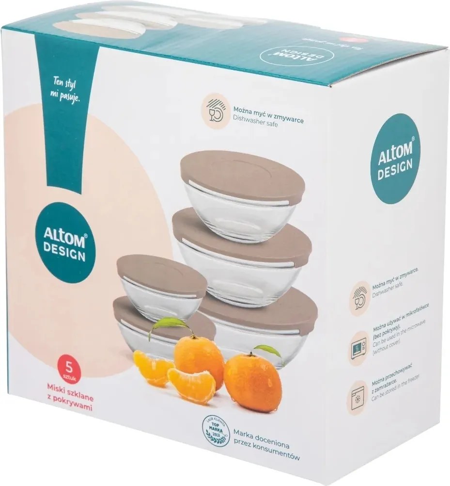 Altom Zestaw szklanych misek z pokrywką, beżowy, 5 szt.