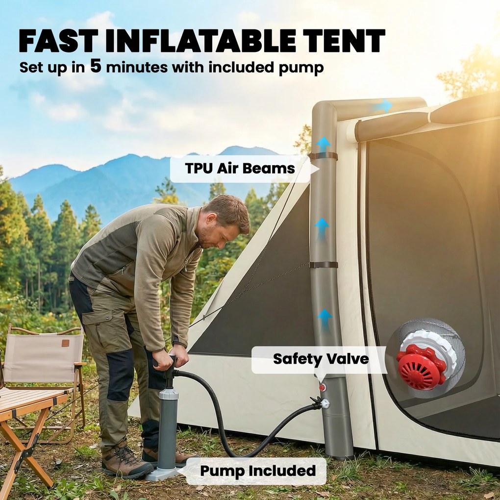 Outsunny Namiot pneumatyczny 4-osobowy, szybki montaż, outdoorowy namiot na camping z 2 sypialniami i przedsionkiem | Aosom PL