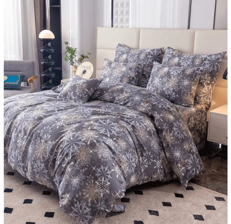 PrzytulneMieszkanie.pl PrzytulneMieszkanie.pl PrzytulneMieszkanie.pl Zestaw 2szt. pościeli z mikrofibry SNOWFLAKE niebiesko-szare + prześcieradło Jersey 180x200cm białe, podwójne łóżko