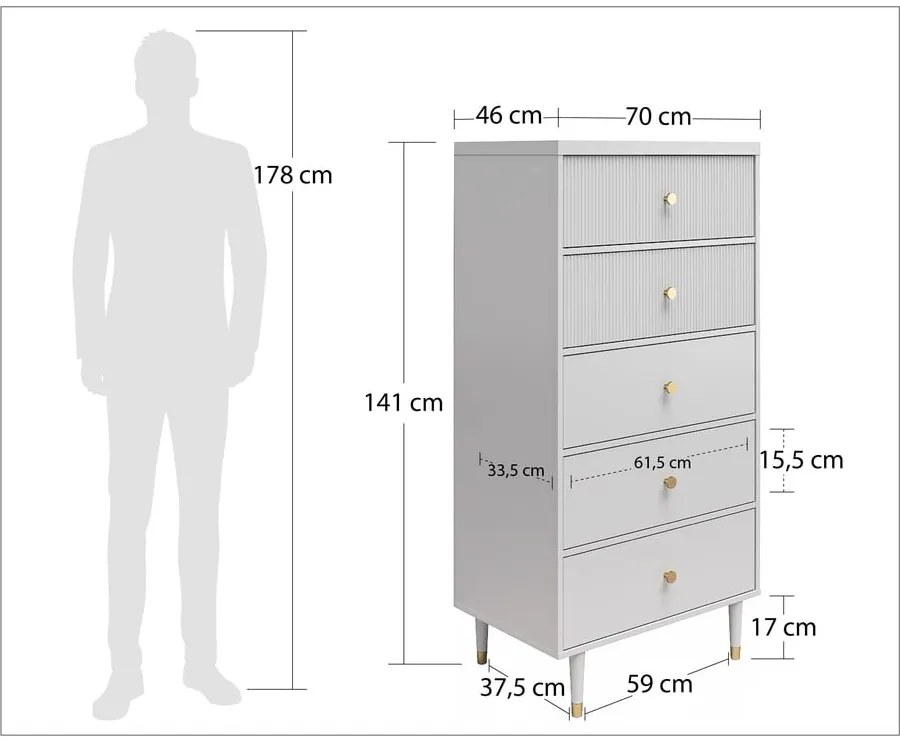 Jasnoszara wysoka komoda 70x141 cm Elizabeth – CosmoLiving by Cosmopolitan