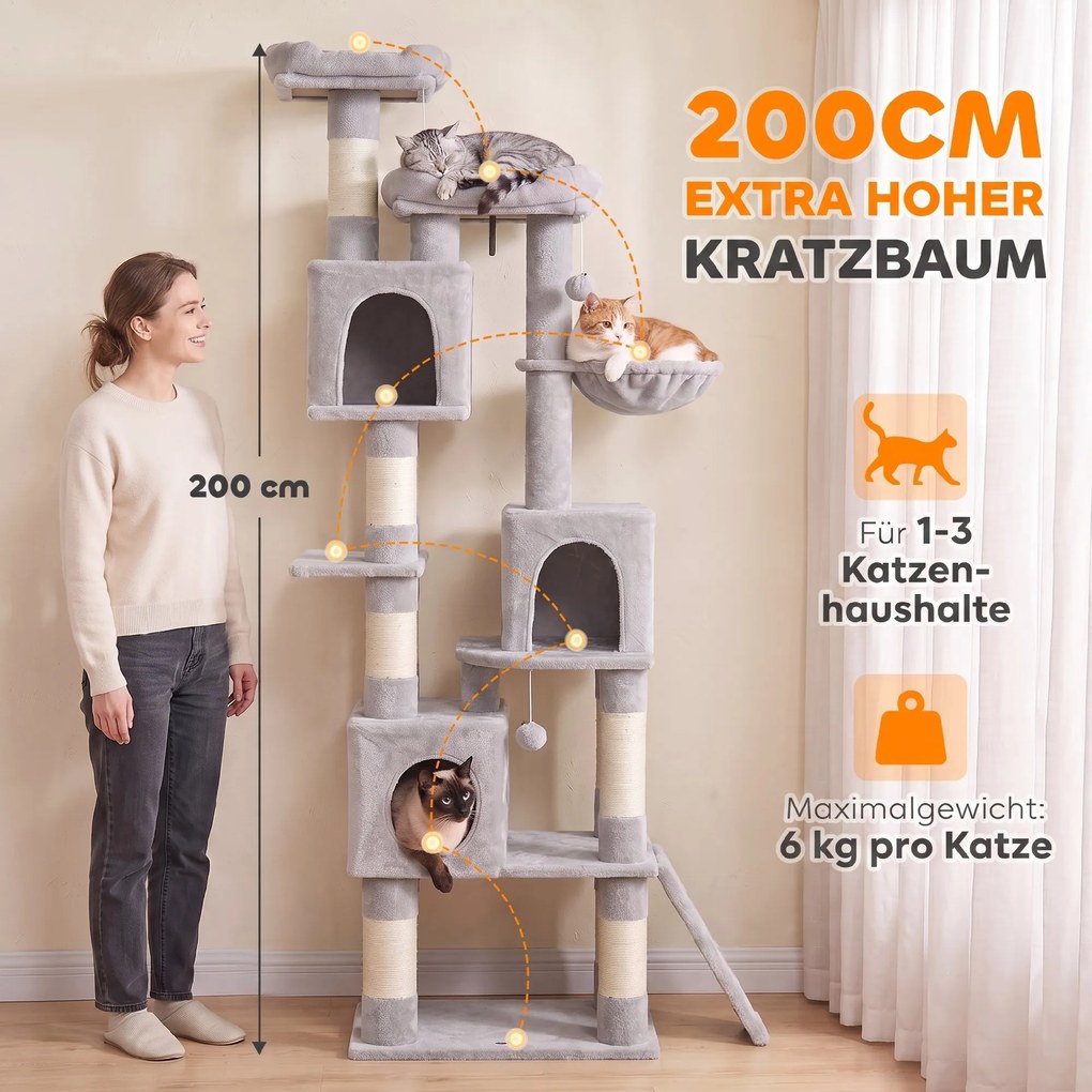 PawHut Duży drapak, 200 cm wys., 2 legowiska, 3 kryjówki, hamak, 3 piłeczki dla 1-3 kotów poniżej 6 kg, jasnoszary | Aosom PL