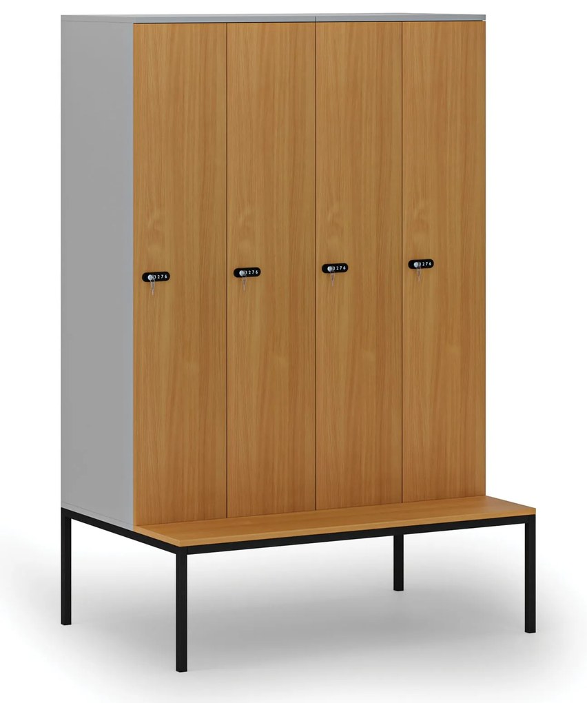 Drewniana szafa ubraniowa S4 z ławką, 4-drzwiowa, 1871 x 1200 x 500/800 mm, demontaż, zamek mechaniczny z kodem, szary/buk