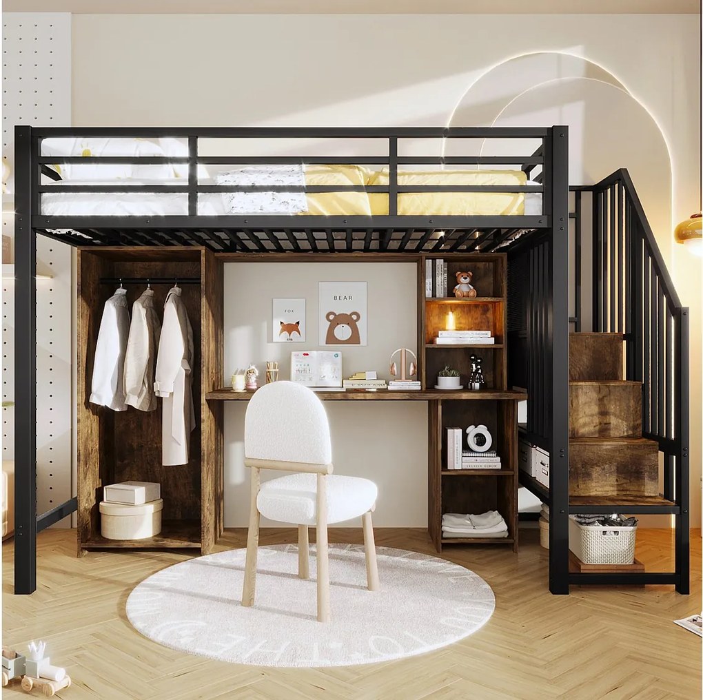 Łóżko piętrowe dla dzieci - 90 x 200 cm - rama żeliwna - ze schodkami do przechowywania + szafa + biurko + półki - metalowe - czarne