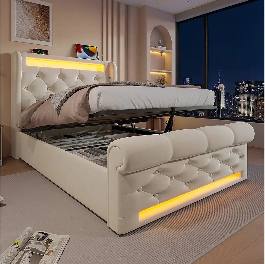 90x200 cm – Łóżko pojedyncze z ładowaniem USB i oświetleniem LED – beżowy aksamit – bez materaca