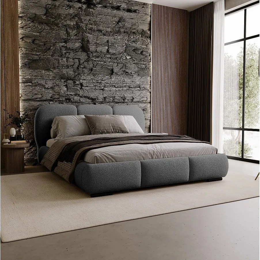 BESILIO Łóżko z pojemnikiem i stelażem 140x200 Holi- łóżko podwójne tapicerowane, tkanina boucle, baranek - Szary