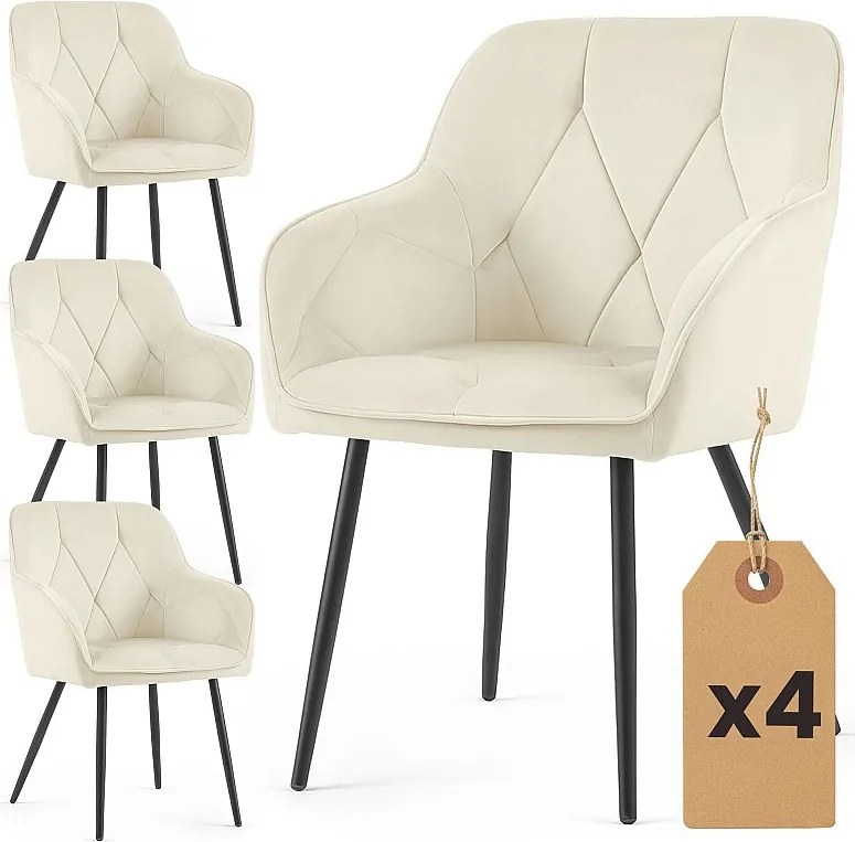 4x Welurowe krzesło tapicerowane pikowane Kremowe DIAMANTE Czarne nogi