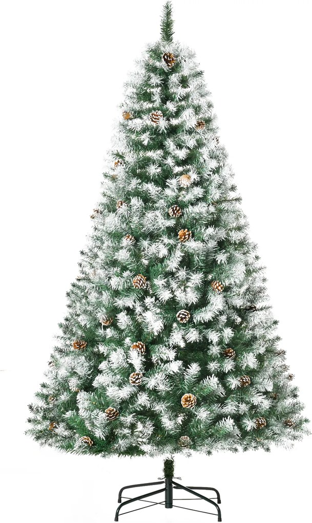 HOMCOM Sztuczna choinka z 800 gałązkami, 61 szyszkami, pokrytymi śniegiem koniuszkami, niepalna, 180 cm | Aosom PL