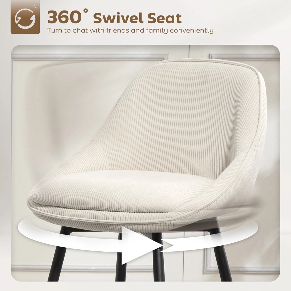 HOMCOM Zestaw 2 Hokerów ze Sztruksowym Wykończeniem i Stalowymi Nóżkami, Krzesła Tapicerowane do Kuchennej Wyspy, Jadalni, Kremowe | Aosom PL