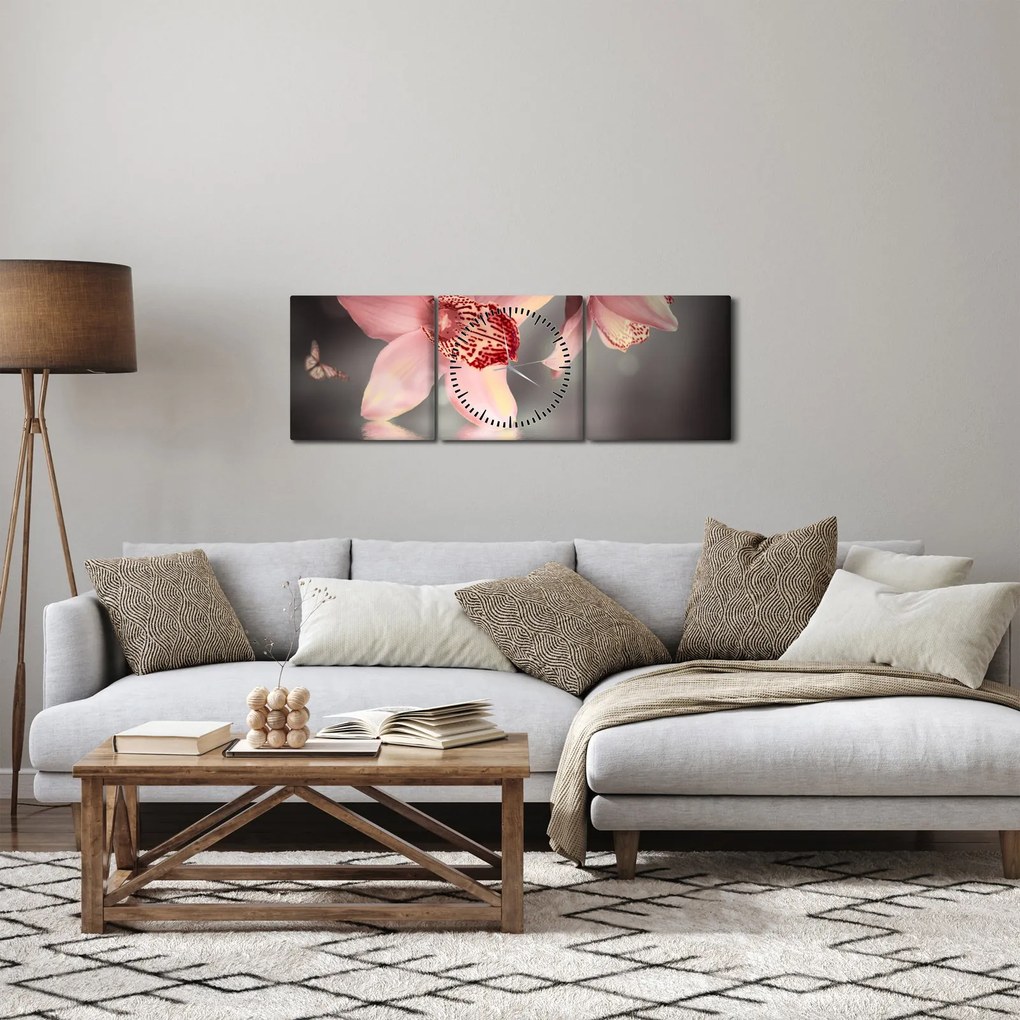 Obraz - Kwiaty i motyl (z zegarem) (90x30 cm)