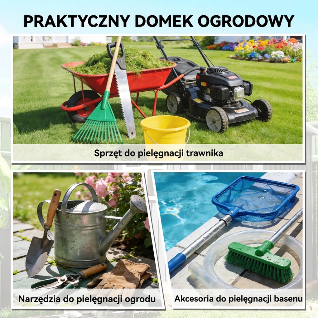 Outsunny Metalowy schowek na narzędzia 1,37 m², zamykany schowek z wentylacją, pochyłym dachem, rękawicami, 163 x 90 x 179 cm | Aosom PL