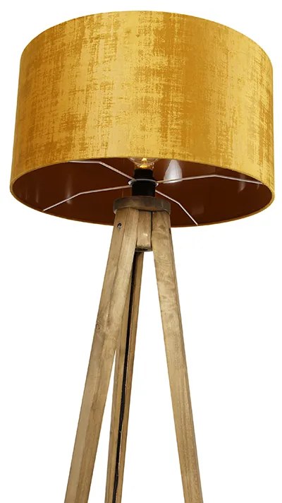 Rustykalna lampa stojąca na trójnogu z drewnianą podstawą i złotym kloszem 50 cm - Tripod Classic Rustykalny / Vintage Oswietlenie wewnetrzne