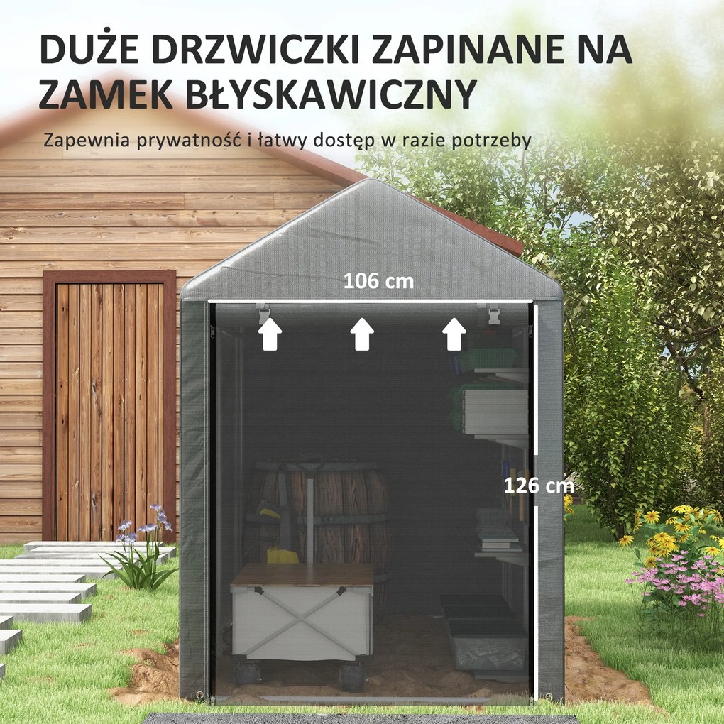 Outsunny Szopa Ogrodowa, Namiot Magazynowy, Mocny i Odporny na Warunki Pogodowe, Stalowy Stelaż, 1,2x1,8x1,6m, Ciemnoszary | Aosom PL