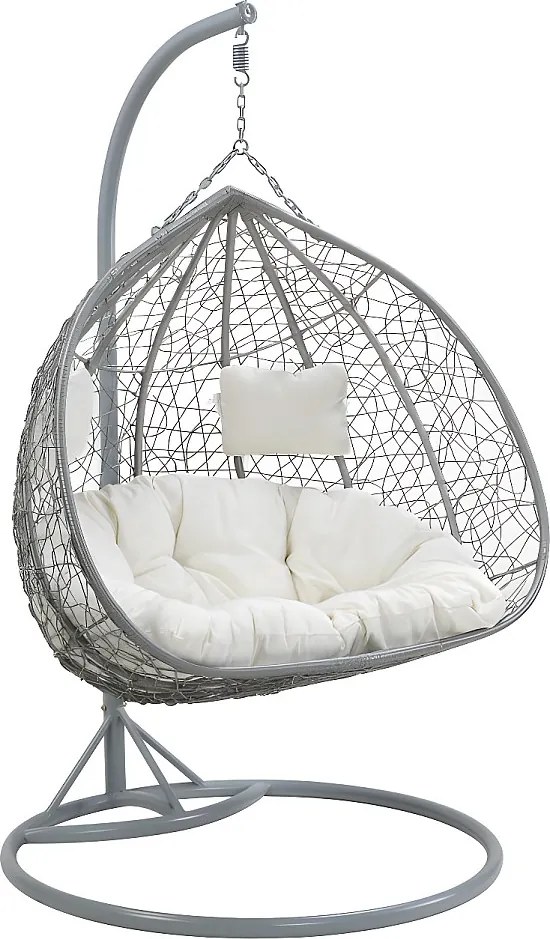 Fotel wiszący 2-osobowy  z technorattanu - Szary z białymi poduszkami - CAYAMBE