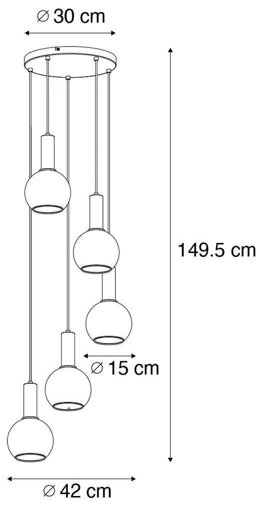 Lampa wisząca Art Deco czarna z dymionym szkłem okrągła 5-punktowa - Josje ArtDeco Oswietlenie wewnetrzne