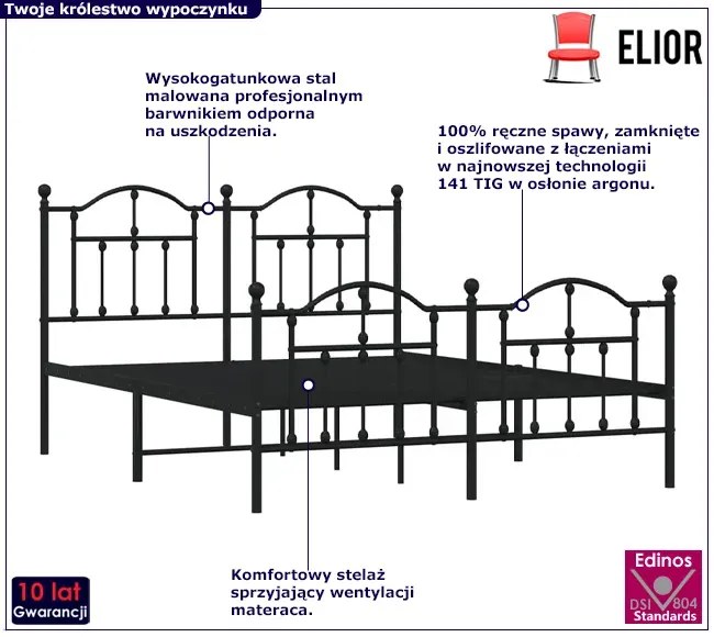 Czarne metalowe łóżko małżeńskie 180x200cm Elbor 3X