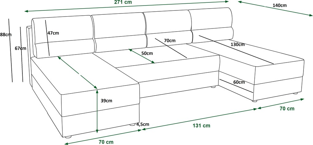 Rozkładana sofa narożna w kształcie U LIVARO 305x140 cm, kremowa