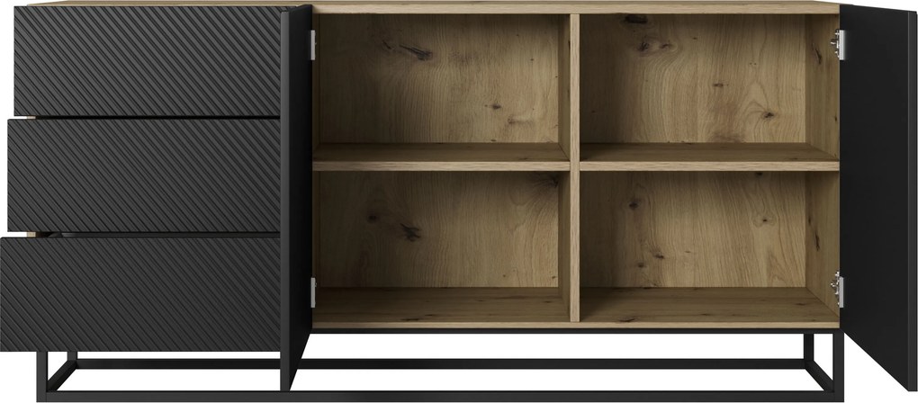 Komoda Asha 167 cm dwudrzwiowa z szufladami - artisan / czarny mat / czarny stelaż