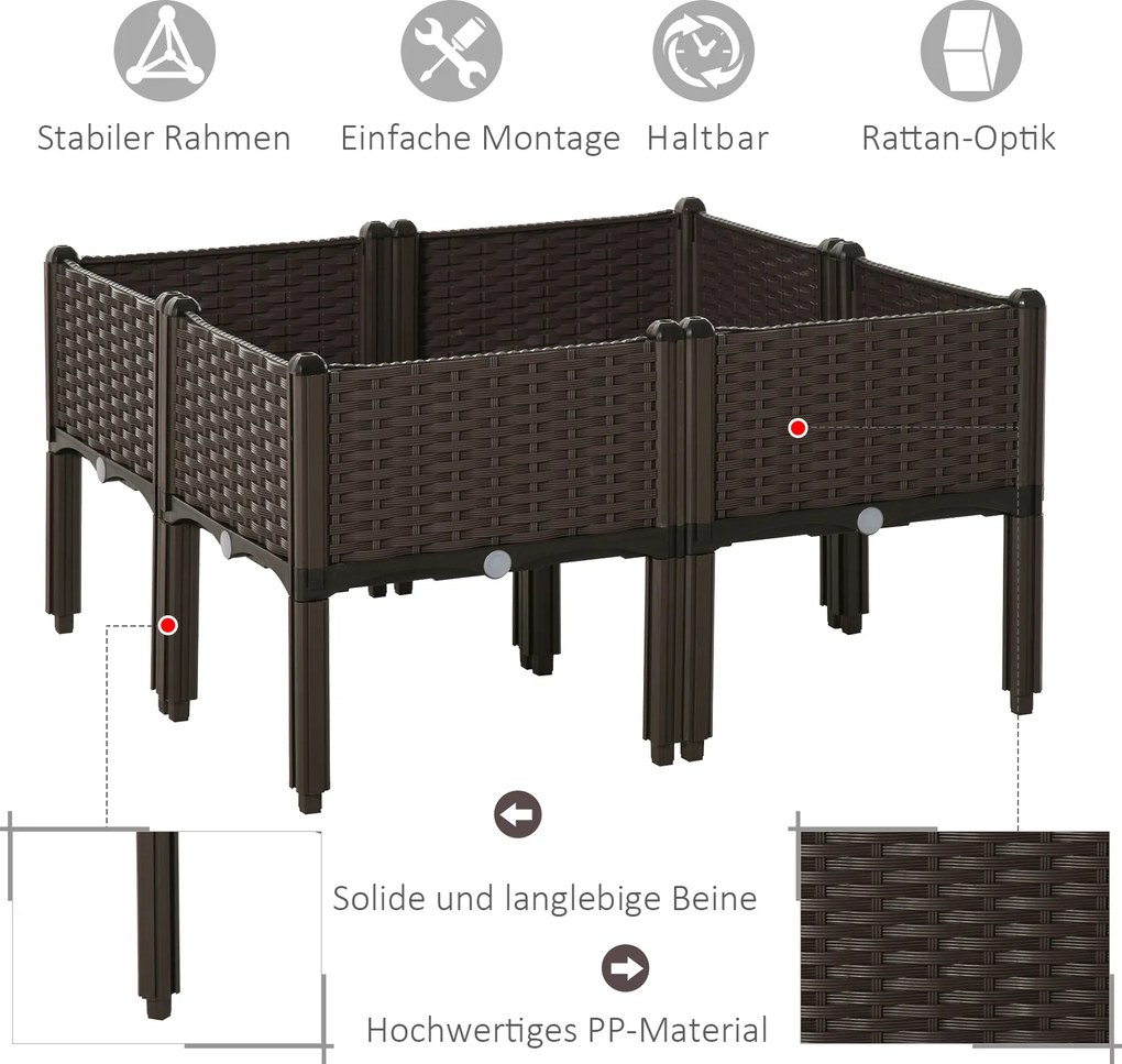 Outsunny podwyższona grządka 6-częściowa skrzynia na rośliny z otworami odpływowymi o wyglądzie rattanu kwietnik DIY kolor brązowy 40 x 40 x 44 cm