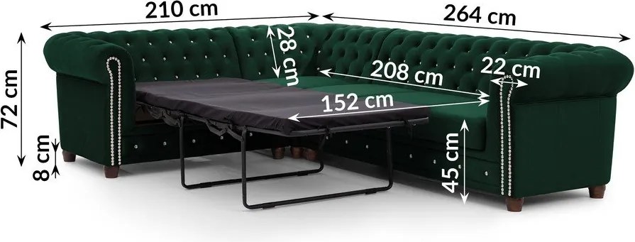 Zielony aksamitny rozkładany narożnik (lewostronny/w kształcie litery L) York Blik – Ropez