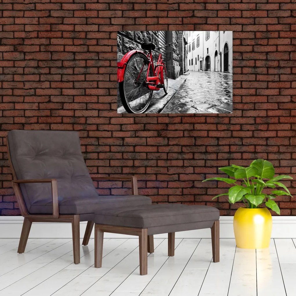 Obraz czerwonego roweru na brukowanej uliczce (70x50 cm)