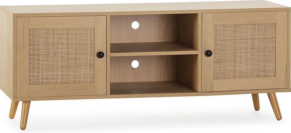 Kolumna TV Bella 2-drzwiowa w kolorze dębu z wikliną naturalną.
