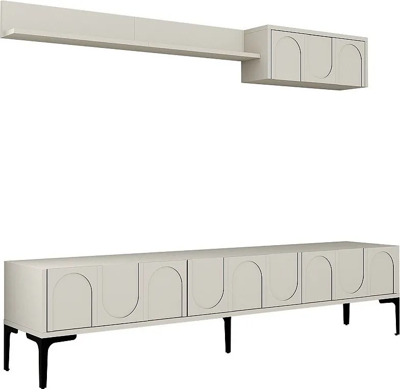 Stylowa szafka RTV z półką ścienną – szerokość 180 cm – kremowo-czarna – płyta wiórowa pokryta melaminą