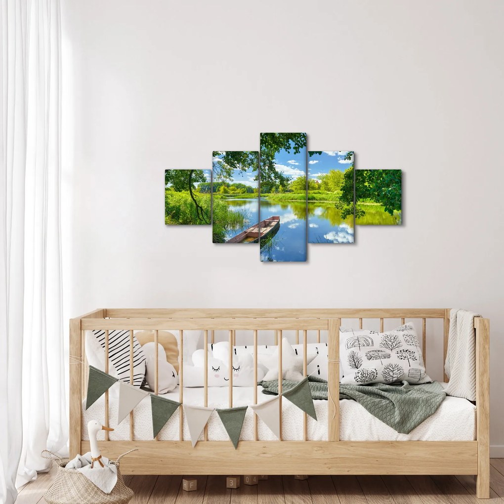 Obraz letniej rzeki z łodzią (125x70 cm)