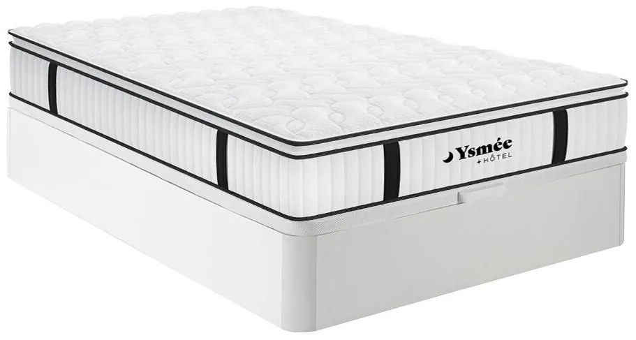 Zestaw 140 x 190 cm stelaż ze skrzynią biały + materac ognioodporny o grub. 28 cm ze sprężynami kieszeniowymi i zintegrowaną nakładką - DELICE marki YSMÉE HÔTEL
