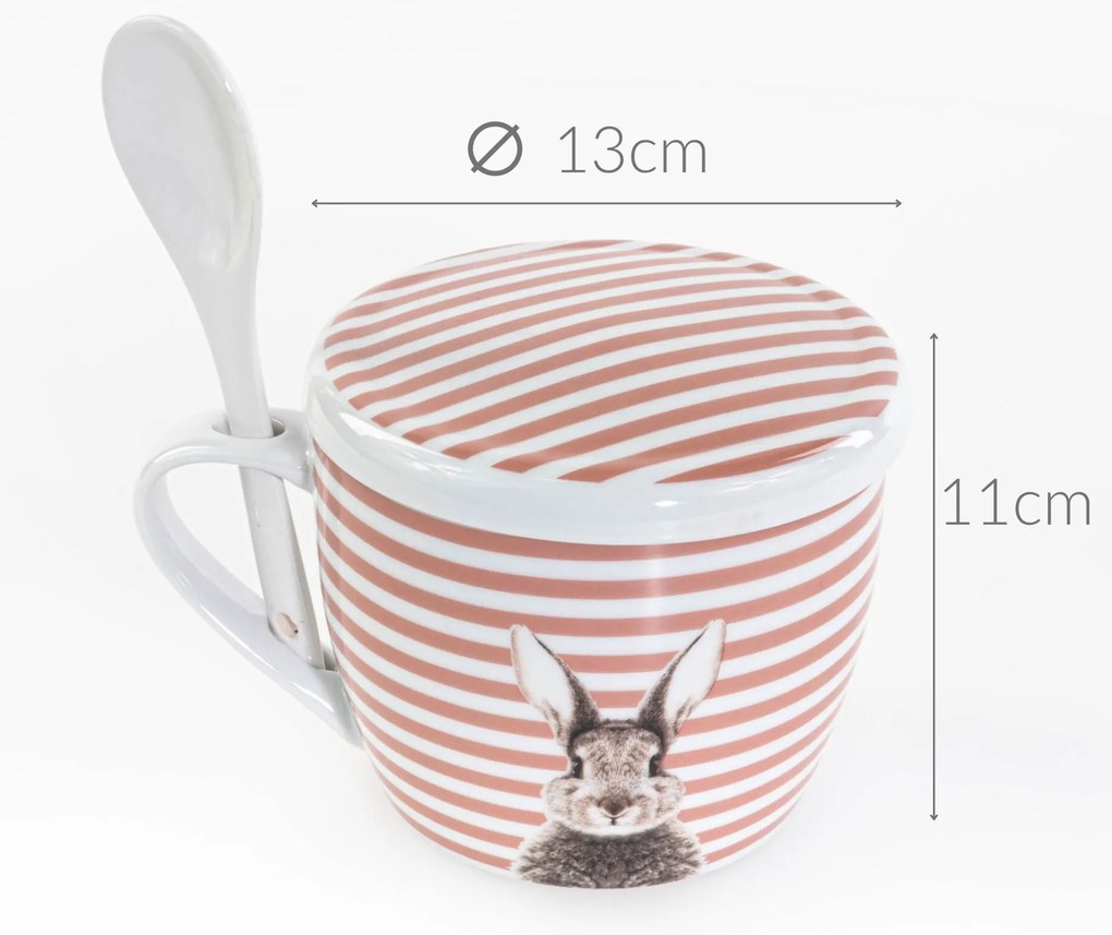 Kubek z pokrywką i z łyżeczką FLUFFY, porcelanowy, zajączek, 600 ml