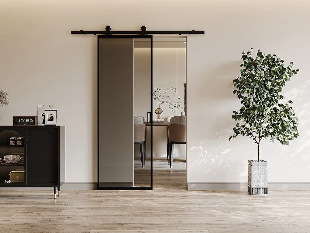 Drzwi przesuwne z naściennym systemem przesuwnym – aluminium i szkło hartowane przydymione – wys. 205 x dł. 83 cm– LINCI II