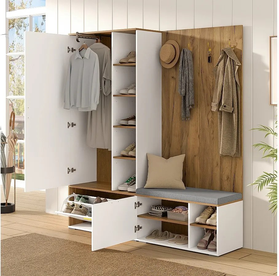 Szafa/wieszak - 160 x 38 x 180 cm - z szafką i ławką na buty + drążek na wieszaki + 4 haczyki + lustro + drzwi - płyta wiórowa - kolor biały