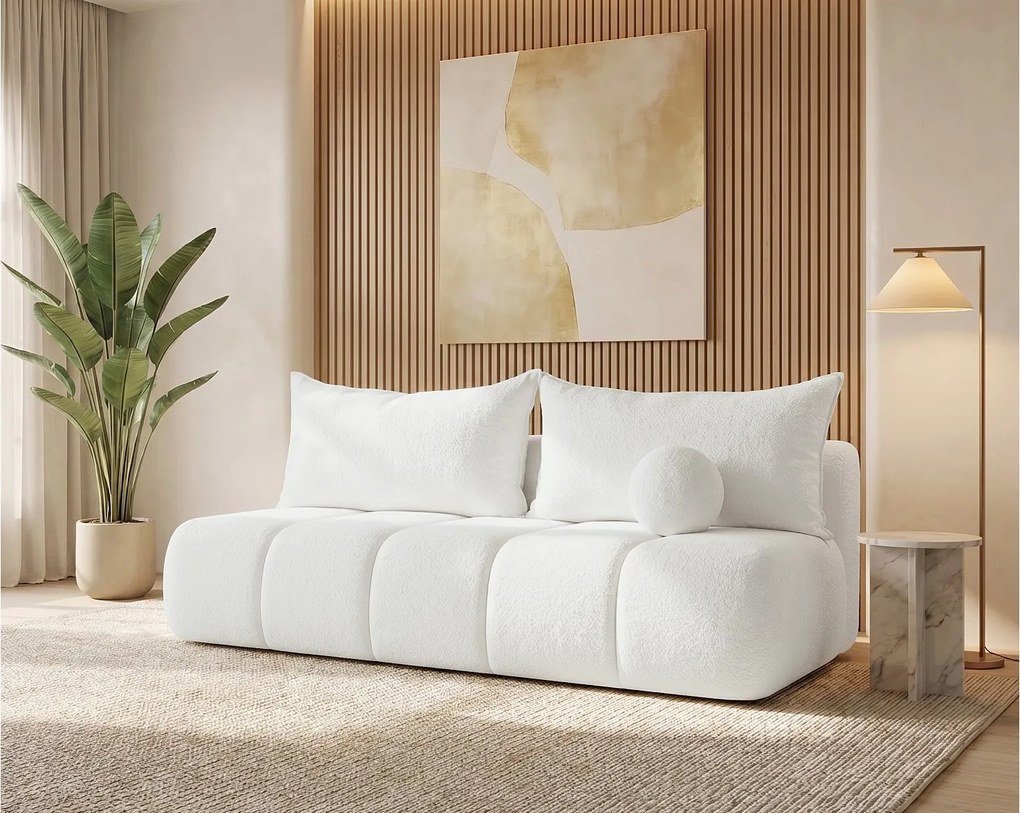 BESILIO Obła kanapa rozkładana Glomi - tkanina boucle, sofa z funkcją spania- Biały