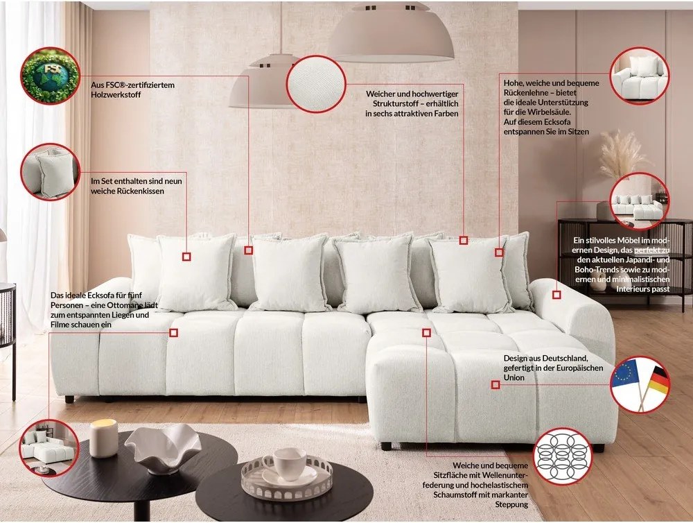 Biały narożnik (prawostronny/z szezlongiem) Albane – Ropez