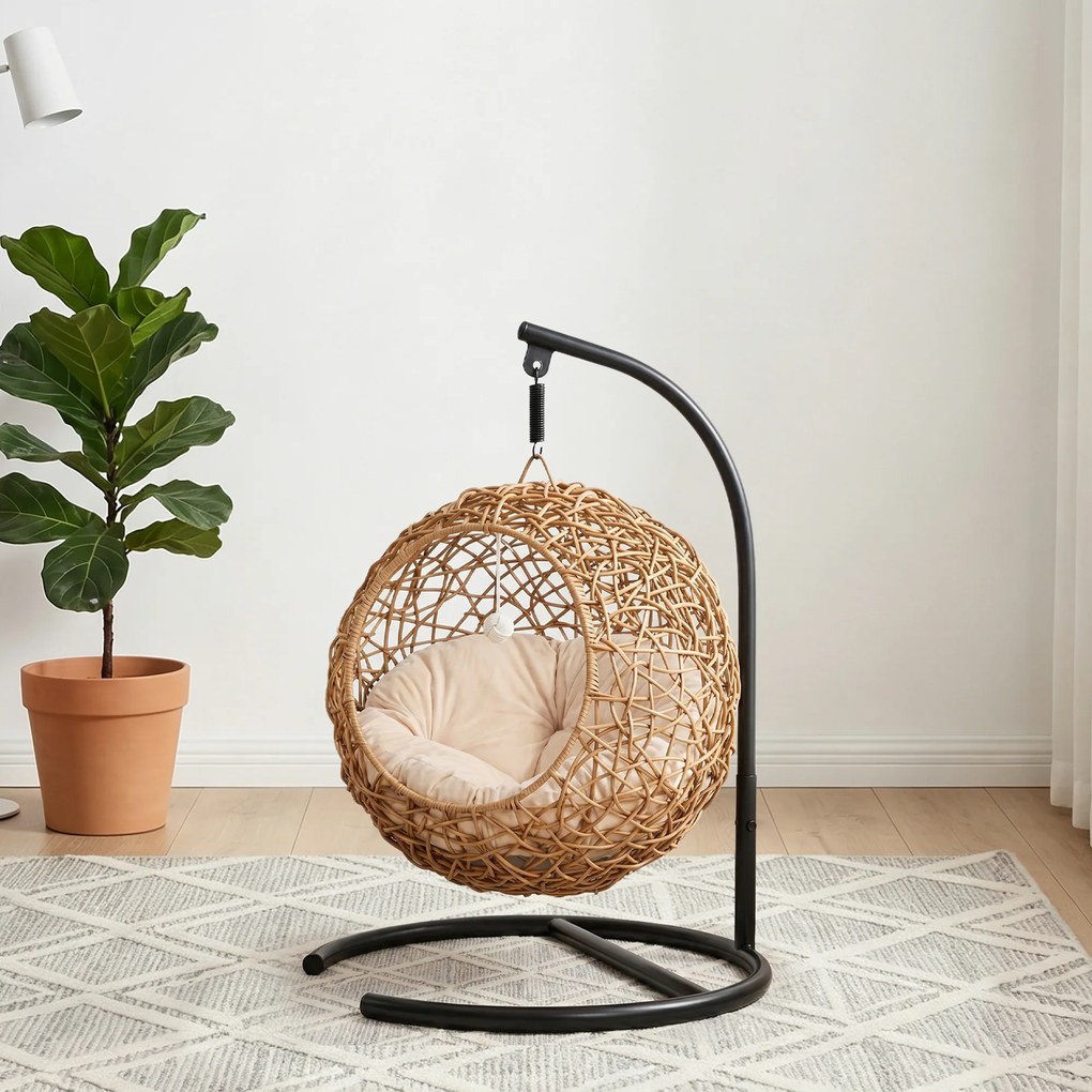 PawHut Łóżko dla kota z rattanu, jaskinia z poduszką do prania i piłeczką, dla kotów do 10 kg, 45 x 41 x 75 cm, jasnobrązowy | Aosom PL