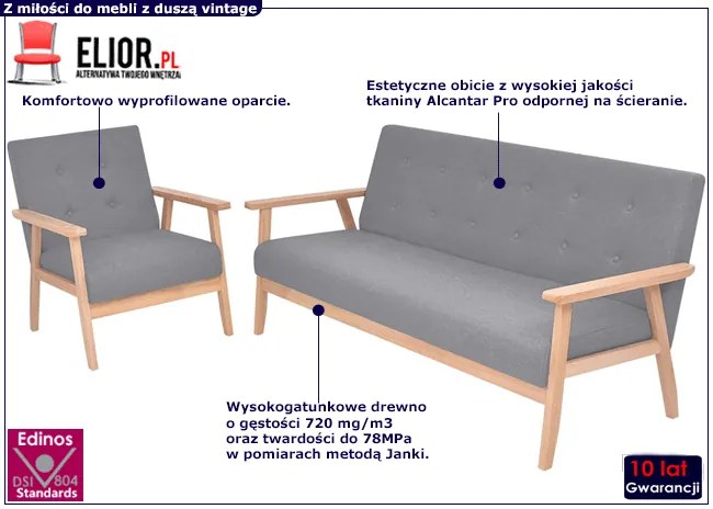 Jasnoszary komplet wypoczynkowy sofa z fotelem - Kifi 2X