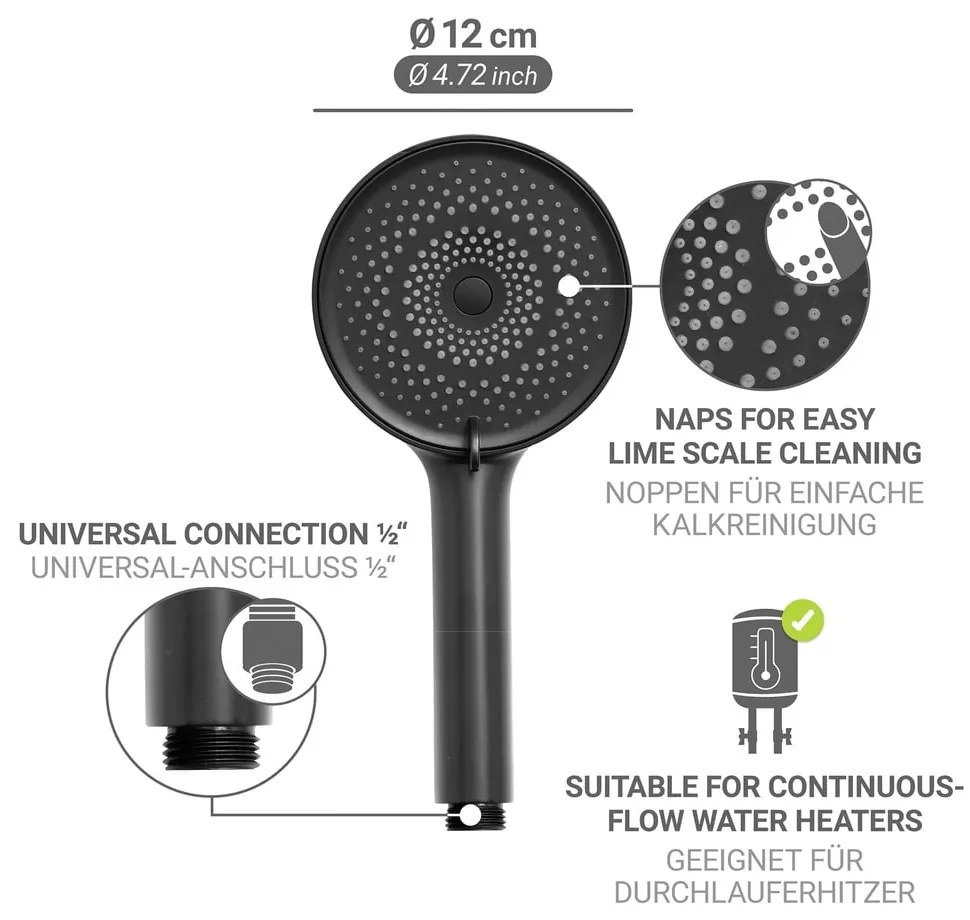 Plastikowa słuchawka prysznicowa w kolorze matowej czerni ø 12 cm Softwater – Wenko
