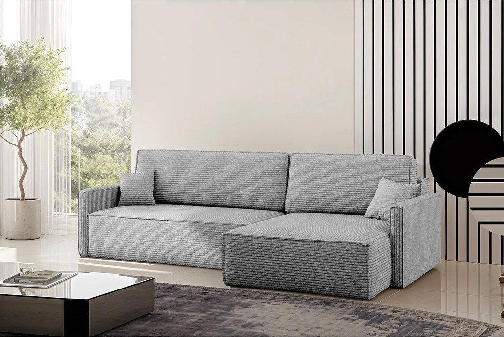 Narożnik z funkcją spania i pojemnikiem w kształcie L Carlos, tkanina Poso, Srebrny, Prawy