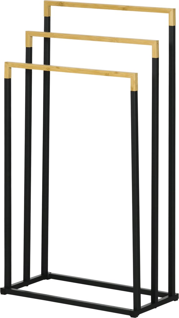 kleankin Zestaw Wieszaków na Ręczniki z 3 Drążkami, Styl Industrialny, Bambus, 45 x 22,5 x 86 cm, Czarny + Natural