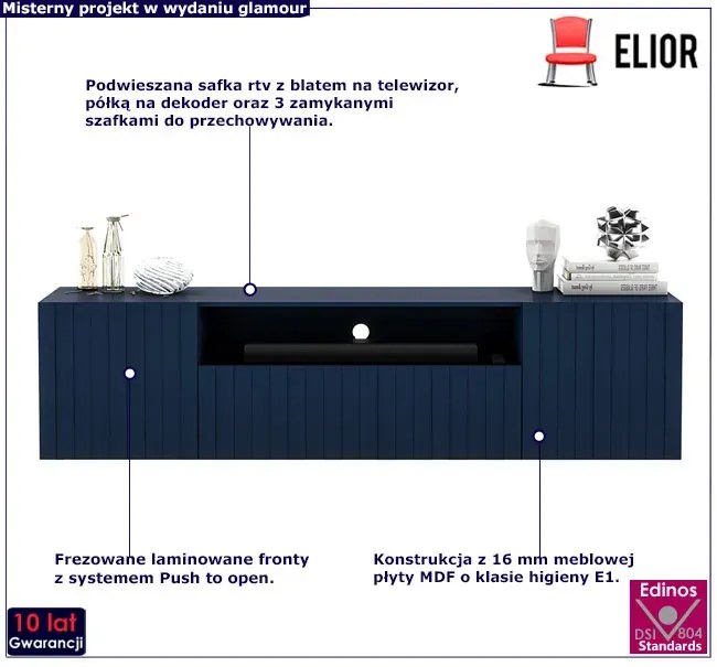 Granatowa ścienna szafka na tv z lamelami E8-B99
