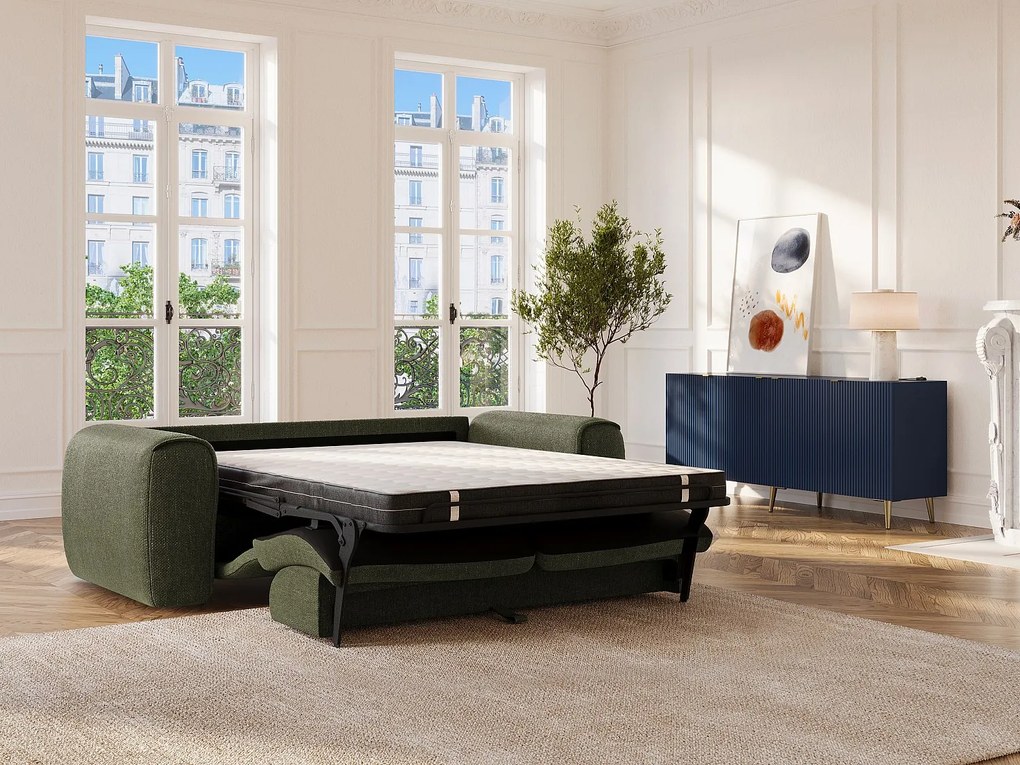 Kanapa 3-osobowa rozkładana typu express z teksturowanej tkaniny zielona khaki  – POGNIA