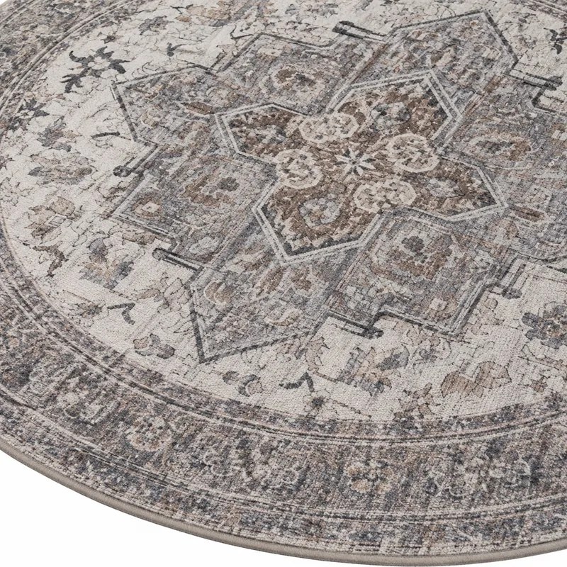 Dywan vintage INKA Klasyczny Medalion z Efektem Postarzenia Beżowo-Szary koło 120 cm x 120 cm