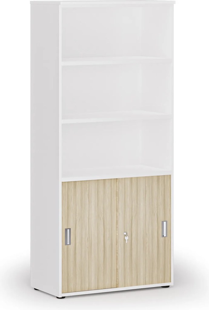 Szafa biurowa kombinowana PRIMO WHITE, drzwi przesuwne na 2 poziomach, 800 x 420 x 1781 mm, biały/dąb naturalny