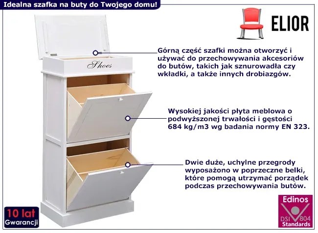 Biała szafka na buty z uchylnymi przegrodami - Kristor